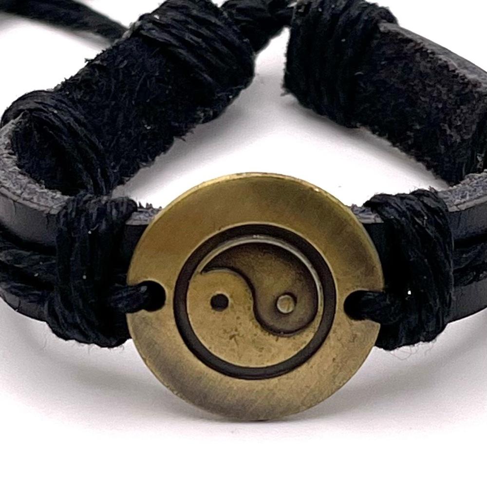 Unisex Handcrafted Black Leather Adjustable Cord Bracelet With Brass Yin Yang